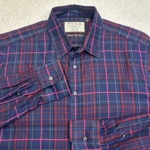 Thomas Pink Dress Shirt Mens 15.5 Blue Pink Plaid Slim Superfine Italian Cotton